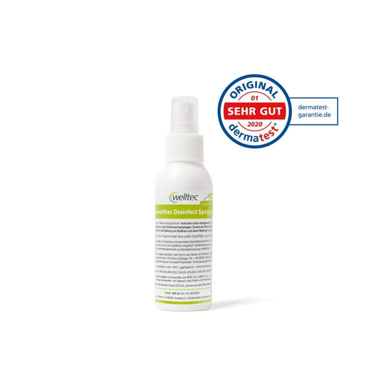 Eine Sprühflasche Desinfect von welltec auf weißem Hintergrund mit Dermatest Zertifikat